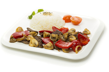 Japanese Cuisine - Rice with  Meat and Mushrooms and Vegetables