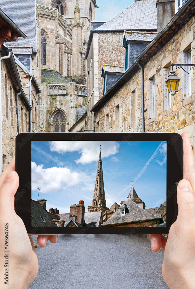 Sticker tourist taking photo of Cathedral in Treguier