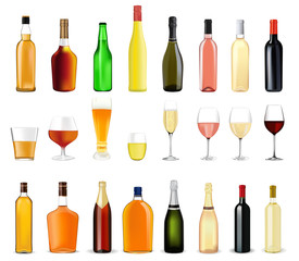 Alcohol drinks in bottles and glasses