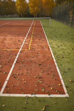 Empty tennis court covered with leaves