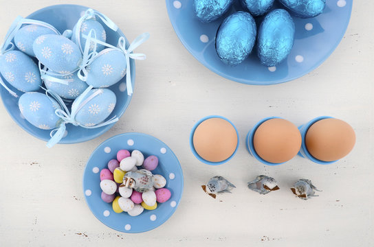 Easter blue and white theme eggs on table