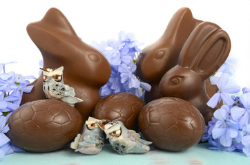 Easter chocolate bunny and Easter eggs 