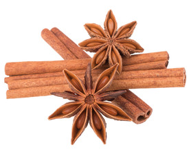 cinnamon stick and star anise spice isolated on white background