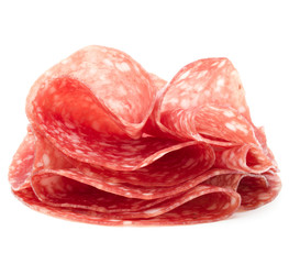 Salami sausage slices isolated on white background cutout