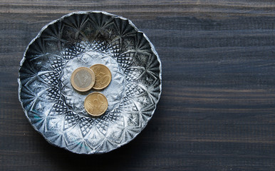 small textured metal plate with euro coins on a wooden
