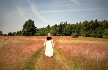 Woman Walks on Field Towards Cottage