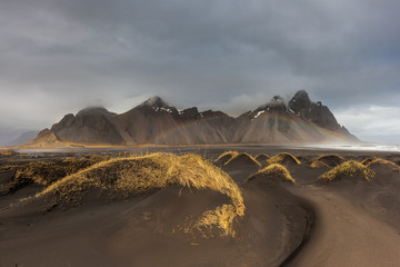 Vesturhorn Mountain and black sand dunes, Iceland