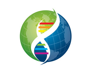 spherical round emblem globe logo with dna strand and world map