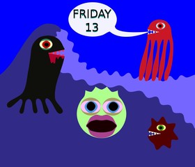 Underwater monster in 80s style say friday 13