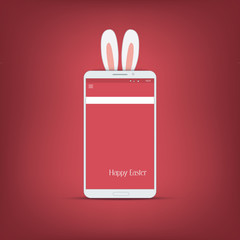 Happy easter message with smartphone. Bunny symbol ears on red