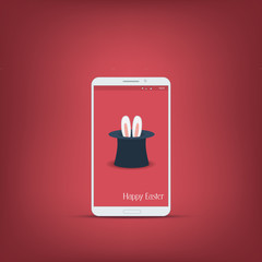Happy easter message with smartphone. Bunny symbol ears on red