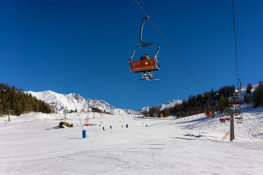 ski slope and chair lift in Pila, Aosta, Italy