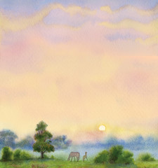 Naklejka premium Watercolor background. Summer morning landscape