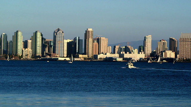 San Diego Bay with downtown skyline with boats sailing in the foreground
