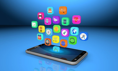 mobile phone with colorful application icons ,abstract  backgrou
