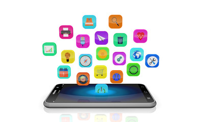 mobile phone with colorful application icons isolated on white b