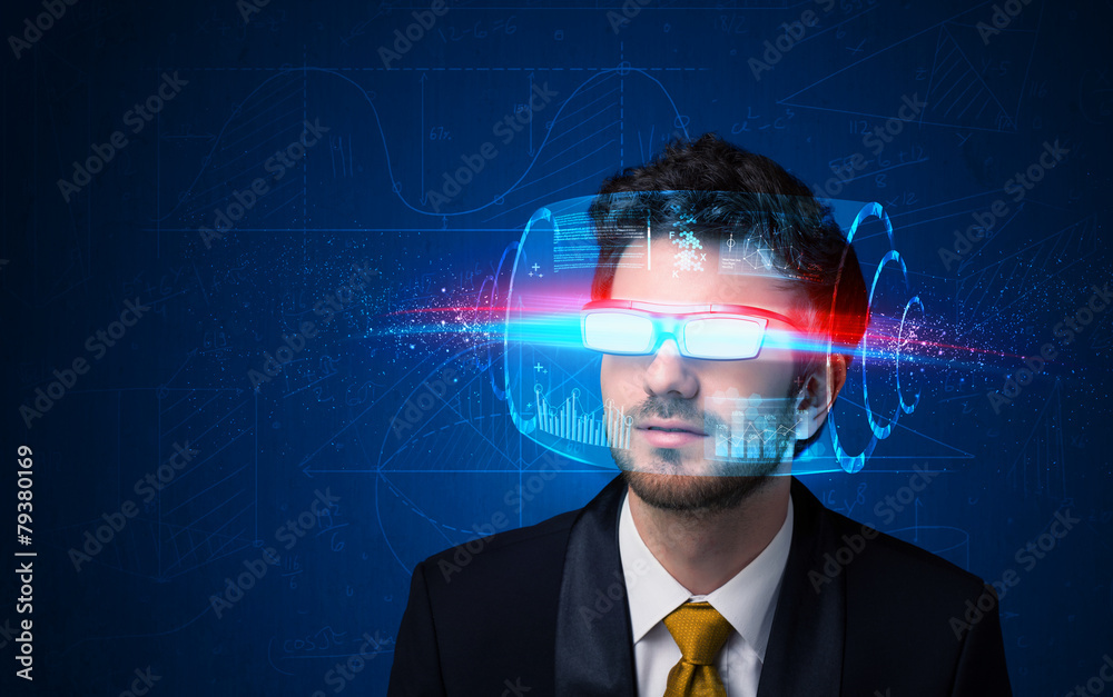 Poster man with future high tech smart glasses