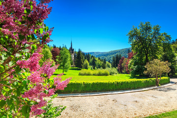 Fantastic ornamental garden and palace,Peles castle,Romania