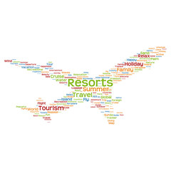 Conceptual resorts travel or tourism plane word cloud