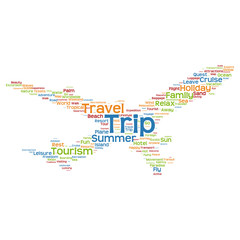 Fototapeta na wymiar Conceptual trip travel or tourism plane word cloud