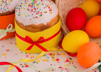 Easter cake and painted eggs. Selective focus
