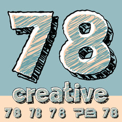 Vector set of funny sketch  hand drawing font. Numbers 7 8