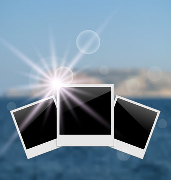 Set photo frame on blurred seascape background