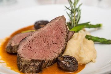 Sliced Beef with Mashed Potatoes and Mushroom Cap