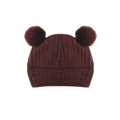Brown knitted hat with ears bear on a white background
