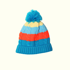 Bright knitted hat on a white background