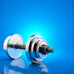 Fitness exercise equipment dumbbell weights on blue background.