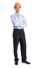 Full length portrait of a happy businessman in helmet