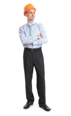 Full length portrait of a happy businessman in helmet