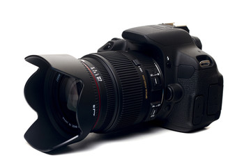 Close up view of a modern dslr photographic camera.