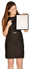 Business woman holding a pen and clipboard.