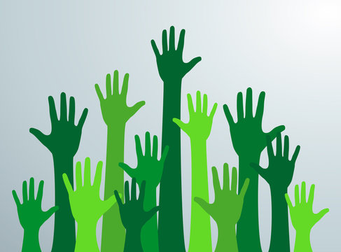 Various hands lifted up in the air. Ecological green  hands
