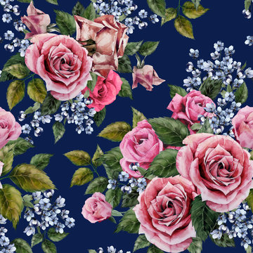 Seamless floral pattern with red, purple and pink roses on dark