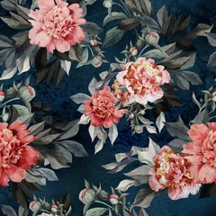 Photo sur Plexiglas Roses Motif floral sans couture avec des roses et des pivoines rouges et roses