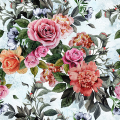 Seamless floral pattern with red and pink roses and peonies