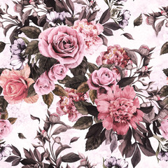 Seamless floral pattern with red and pink roses and peonies