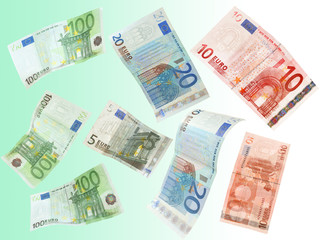 Obraz na płótnie Canvas Flying Euro banknotes on light background