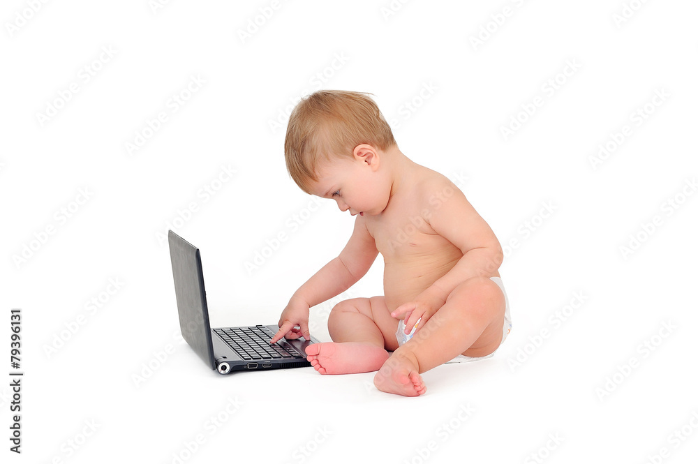 Wall mural small businessman sitting with a laptop, a child on a white back