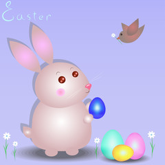 Obraz na płótnie Canvas Easter bunny with eggs and a little bird