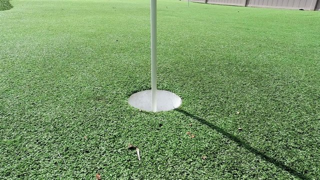 White golf ball rolling in the cup on artificial putting green