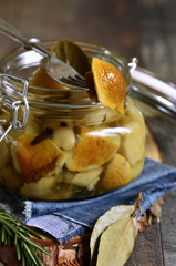 Marinated white mushroom.Selective focus.