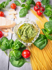 basil pesto spaghetti , raw ingredients for cooking