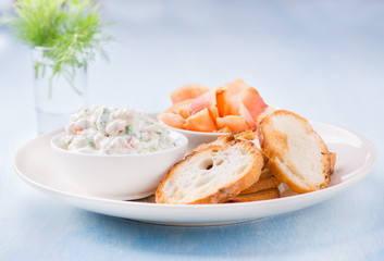Soft cheese spread, smoked wild salmon and baguette