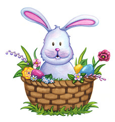 Easter bunny in a basket with flowers and Easter eggs