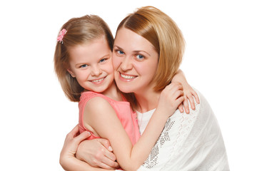 Happy mother and daughter hugging, isolated on white background.