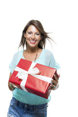 Fototapeta premium Happy Woman Holding Red Gift Box